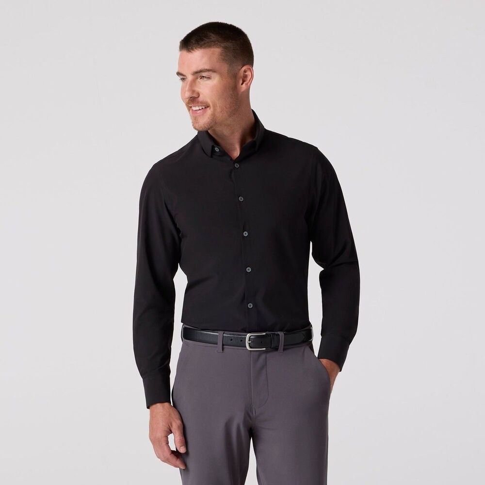 MIZZEN+MAIN Leeward Dress Shirt Performance Trim Fit Black Long Sleeve Large